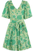 Green Floral V Neck Belted Flare Dress