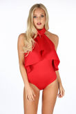 Red Neoprene Frill Halter Neck Bodysuit