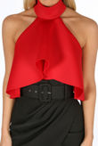 Red Neoprene Frill Halter Neck Bodysuit
