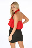 Red Neoprene Frill Halter Neck Bodysuit