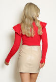 Red Button Trim Frill Sleeve Ribbed Jumper