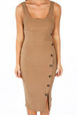 Ribbed Jersey Midi Dress With Button Detail In Taupe