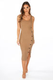 Ribbed Jersey Midi Dress With Button Detail In Taupe