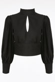 Black Pleated Neck Cut Out Back Blouse