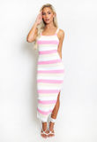 Pink Fine Knit Striped Midi Dress