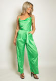Green Satin Cowl Neck Belted Jumpsuit