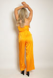 Orange Satin Cowl Neck Belted Jumpsuit