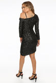 Black Grid Sequin One Shoulder Wrap Mini Dress