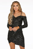 Black Grid Sequin One Shoulder Wrap Mini Dress