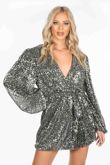Long Sleeve Sequin Wrap Front Mini Dress in Silver