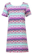 Turquoise Purple White Diamond Print Back Zip Up Shift Dress