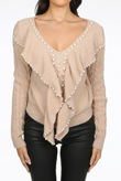 Beige Pearl Embellished V-Neck Jumper