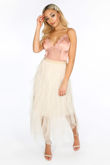 Beige Ruffle Draped Midi Tulle Skirt