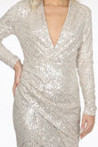 Beige Sequin Pleated Wrap Up Midi Dress