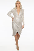 Beige Sequin Pleated Wrap Up Midi Dress
