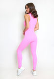 Pink Zip Front Ribbed Sleeveless Unitard