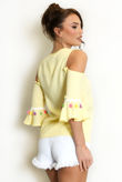 Embroidered Cold Shoulder Tassel Top In Yellow