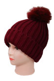 Wine Real fur pom pom knit winter hat