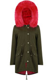  Neon Pink Fur Line Khaki Parka