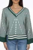 Green V Neck Stripes Pullover