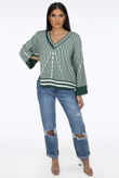 Green V Neck Stripes Pullover