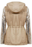 Beige Sequin Sleeve Double Pocket Hooded Jacket 