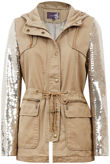 Beige Sequin Sleeve Double Pocket Hooded Jacket 