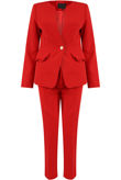 Red Collarless Ruffle Trim Blazer & Trouser Suit