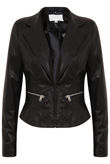 Black PVC Detachable Fur Collar Zip Pocket Jacket