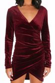 Velvet Long Sleeve Wrap Over Mini Dress In Wine