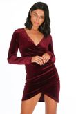 Velvet Long Sleeve Wrap Over Mini Dress In Wine