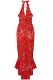 Red Contrast Crochet Midi Dress With Fishtail Hem