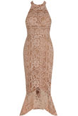 Rose Contrast Crochet Midi Dress With Fishtail Hem
