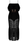 Sheer Lace Midi Dress With Ruffle Hem In Black-Copy