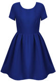 Royal Blue Pleated Back Zip Up Short Sleeved Flared Dress