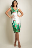 Contrast Floral Back Zip Up Bodycon Dress in White