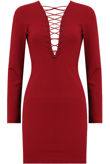Wine Lace Up Plunge Long Sleeve Bodycon Dress