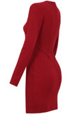 Wine Lace Up Plunge Long Sleeve Bodycon Dress