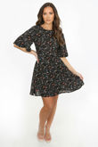 Floral Lattice Back Skater Dress In Black