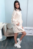 Beige Ruched Sleeve Hooded Sweatshirt Dress