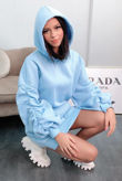 Sky Blue Ruched Sleeve Hooded Sweatshirt Dress