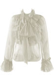 White Frilled Sheer Chiffon Pussy Bow Blouse