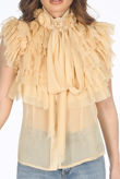 Beige Sleeveless Frilled Sheer Pussy Bow Blouse