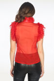 Red Sleeveless Frilled Sheer Pussy Bow Blouse