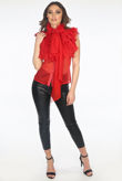 Red Sleeveless Frilled Sheer Pussy Bow Blouse