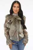 Khaki Frilled Front Knot High Neck Blouse