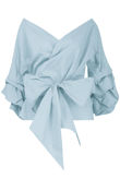 Sky Blue Cross Over Layered Sleeve Crop Tops