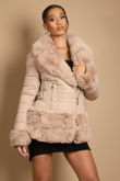 Beige Fitted Quilted Puffer Jacket With Faux Fur