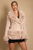 Beige Fitted Quilted Puffer Jacket With Faux Fur