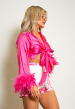 Fuchsia Satin Tie Front Feather Cuff Crop Top